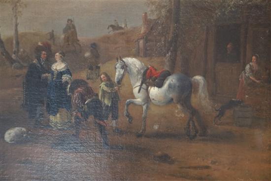 Attrib. to Pieter Wouverman (Dutch 1623-1682), River landscape with an equestrian party, oil on canvas